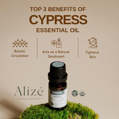 Dark glass bottle containing Cypress essential oil