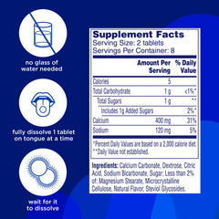 Alka-Seltzer Fizzy Melts calcium carbonate base for fast acid neutralization.
