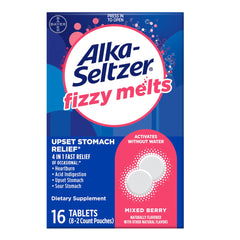 Alka-Seltzer Fizzy Melts dissolve on tongue for fast, water-free relief.