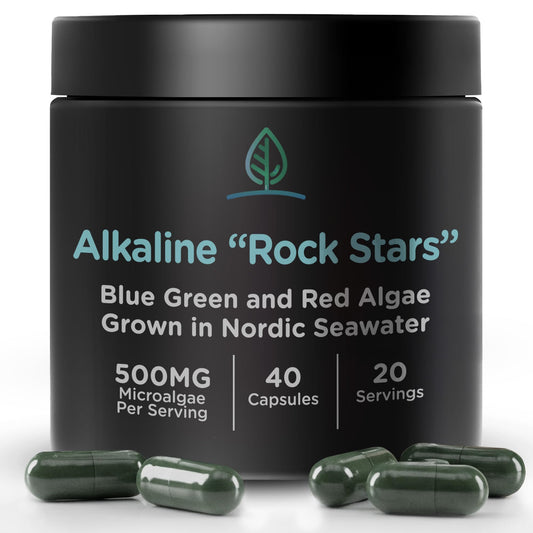 Bottle front view of Alkaline Rock Stars blue-green algae supplement