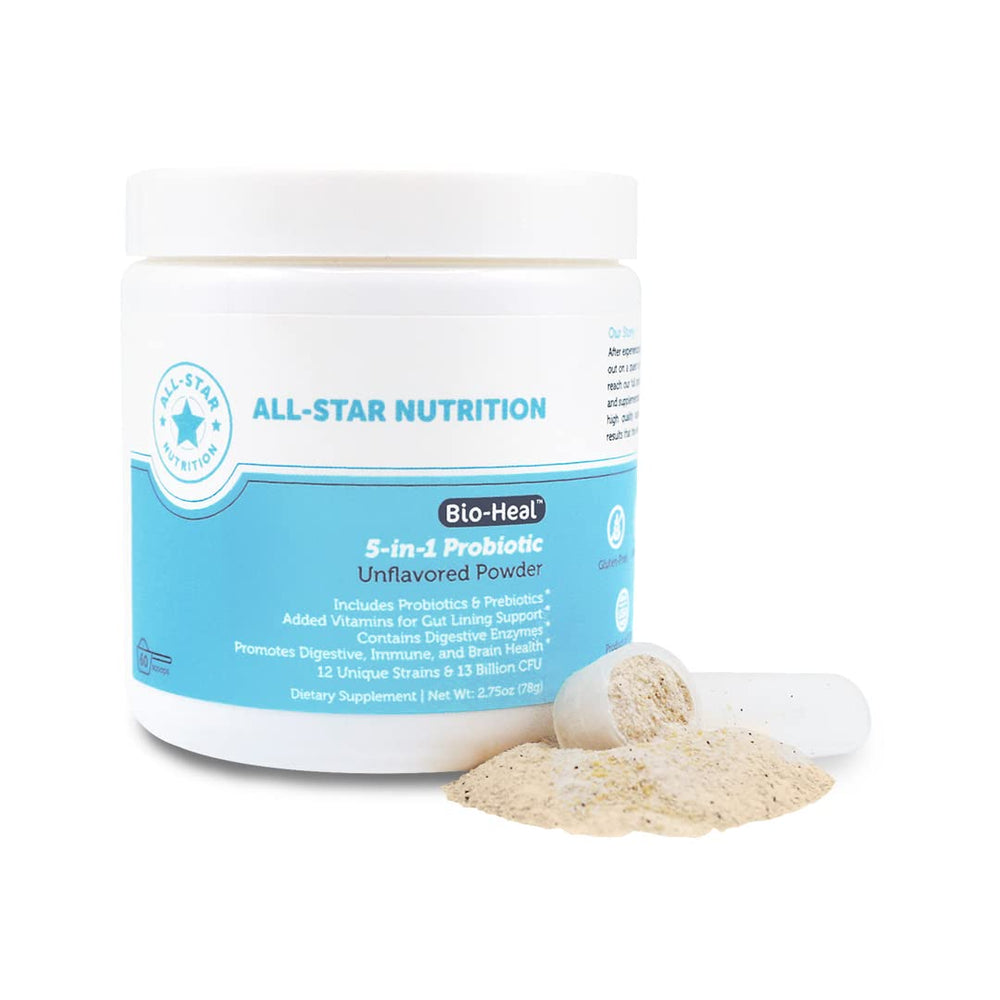 All-Star Nutrition Bio-Heal Probiotic bottle showing 60 servings for gut balance.