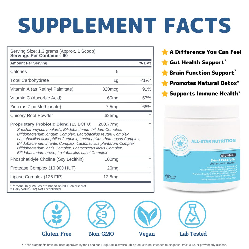 Bio-Heal powder scoop highlighting daily serving for digestive support.