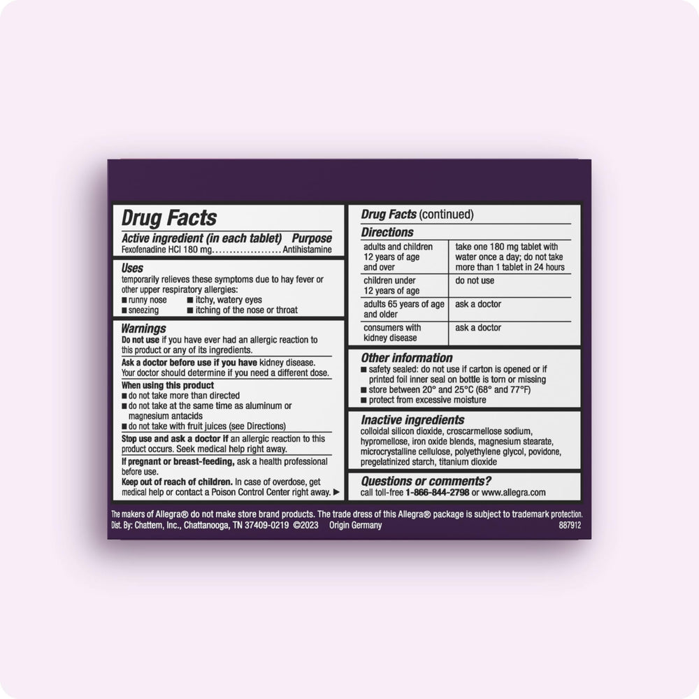 Allegra Adult 24-Hour Relief pack back reveals dosage and usage details for confidence.