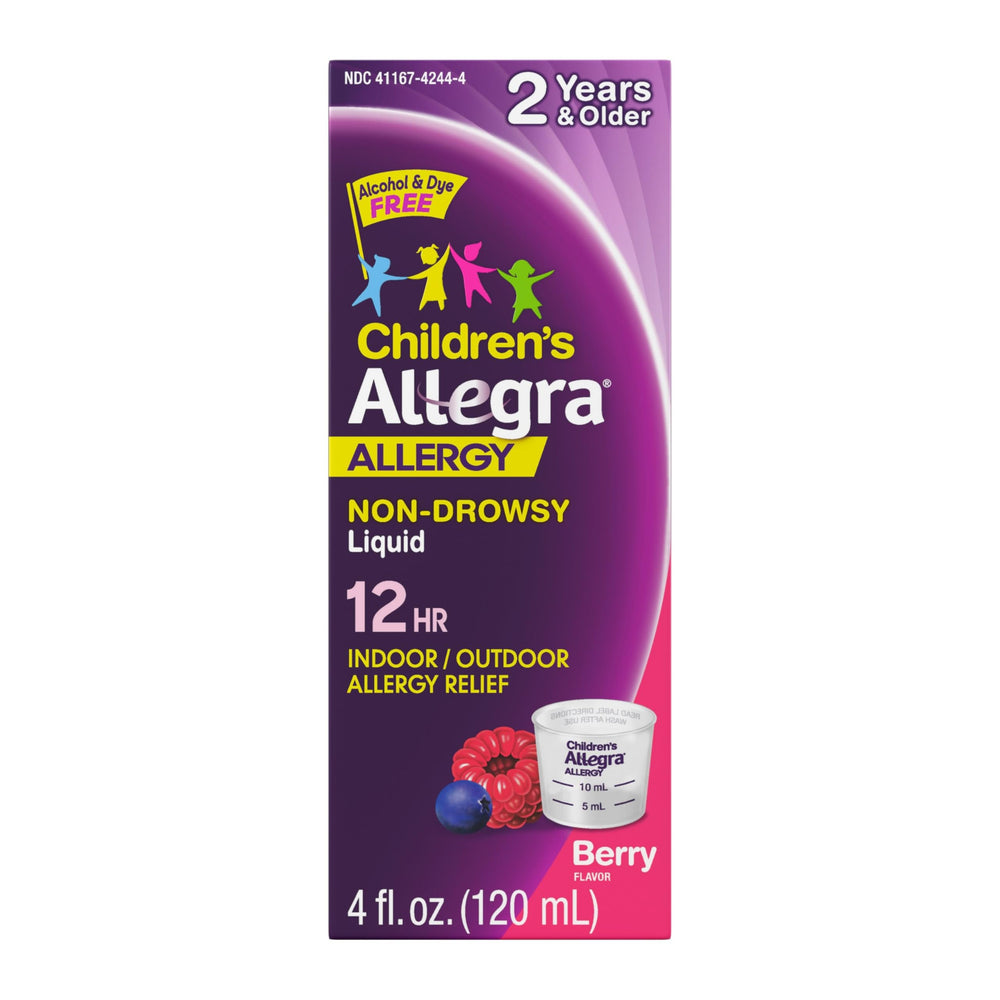Front view of Allegra Children's 12-Hour Allergy Relief Liquid Berry flavor bottle 4 oz