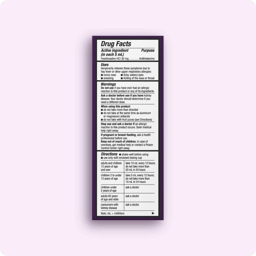 Back label showing active ingredient fexofenadine 30 mg for Allegra Children's Liquid