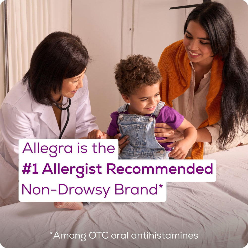 Berry-flavored Allegra liquid bottle with the 12-hour relief claim