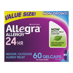 Allegra gelcaps bottle front shows 60-count packaging for non-drowsy allergy relief