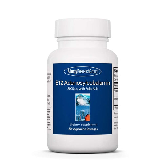 Bottle and packaging of Allergy Research Group B12 Adenosylcobalamin lozenges with Folic Acid, 60-count