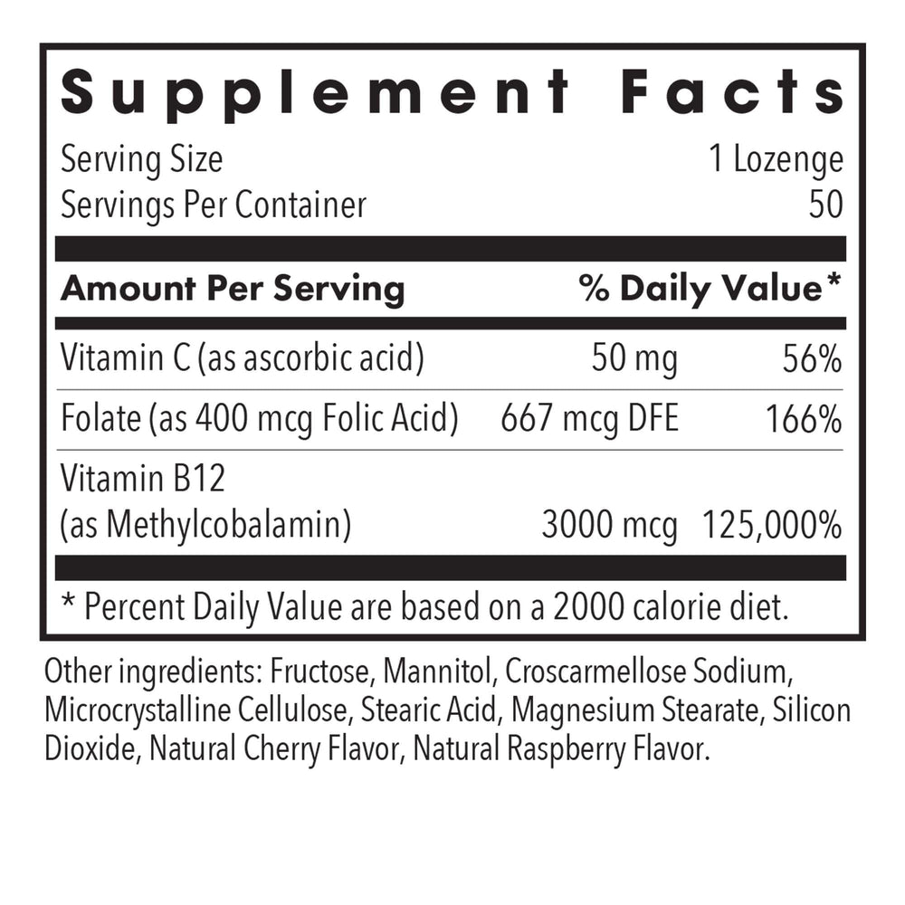 Front packaging of Allergy Research Group B12 Methylcobalamin Lozenges