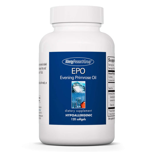 Front view of Allergy Research Group EPO Evening Primrose Oil 500mg softgels bottle, 120-count