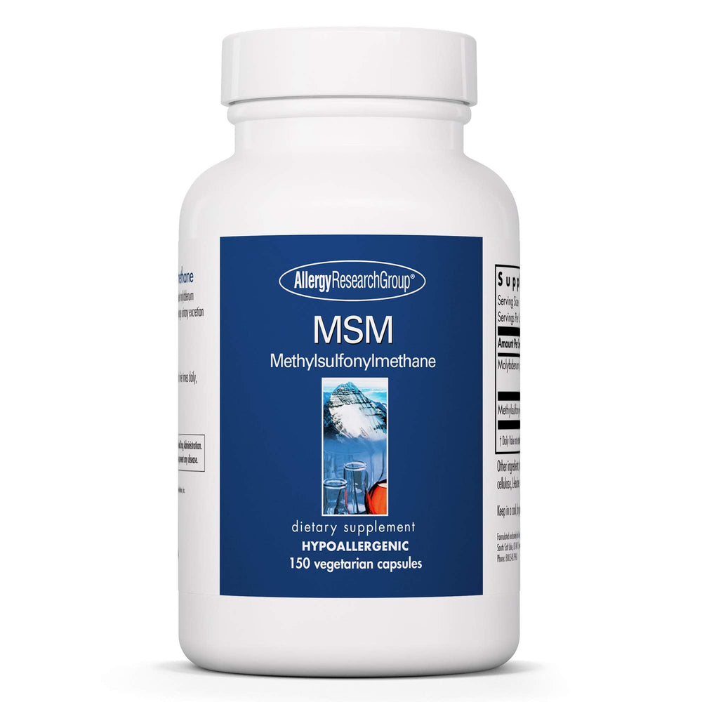 Bottle of Allergy Research Group MSM supplement with 150 vegetarian capsules