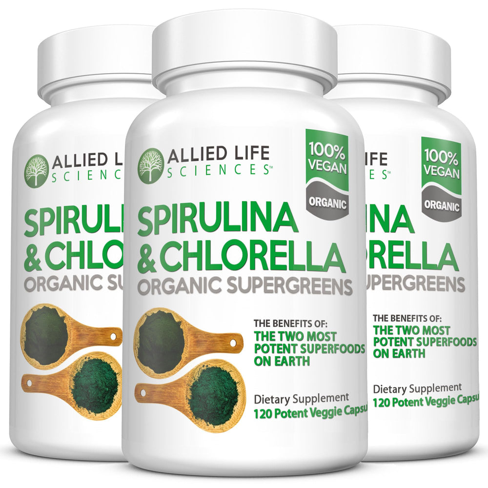 Allied Life Spirulina and Chlorella bottle pack for daily wellness and convenience.