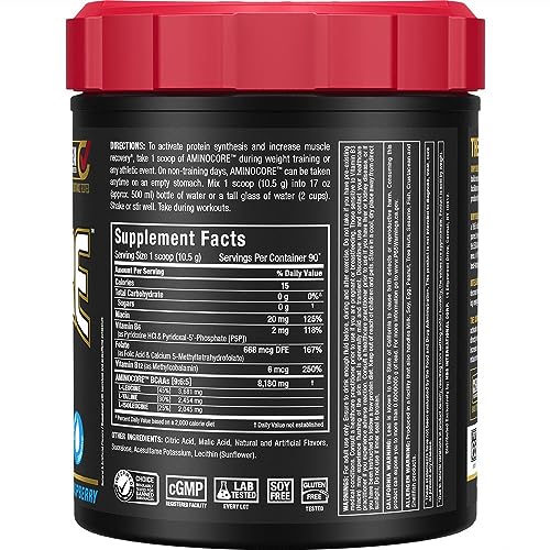 Illustration of BCAA ingredients and B vitamins for ALLMAX AMINOCORE Blue Raspberry