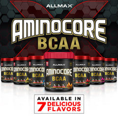 Powder dispensing close-up of ALLMAX AMINOCORE Blue Raspberry