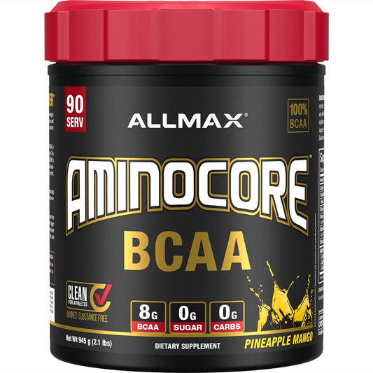 Front label of ALLMAX AMINOCORE BCAA Pineapple Mango 945g