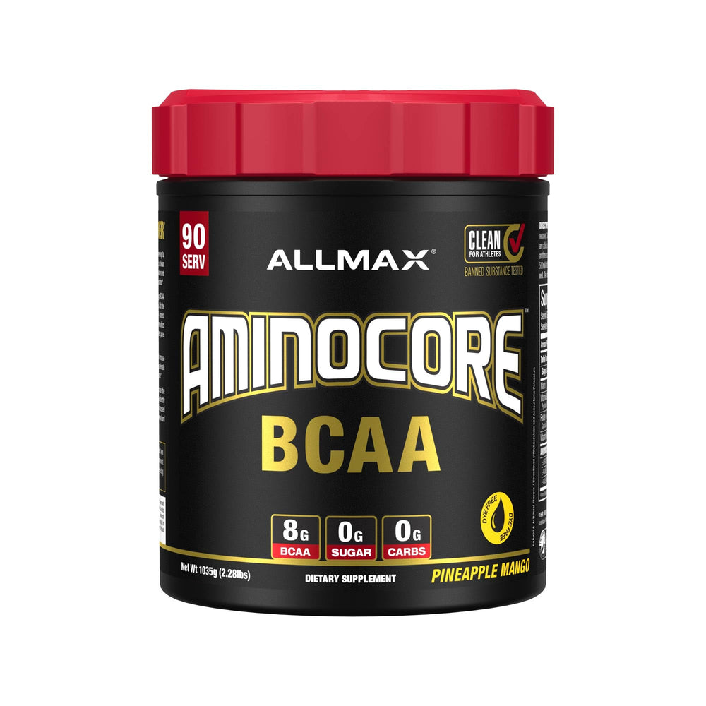 Allmax AminoCore BCAA Pineapple Mango tub front, sugar-free formula for workouts.