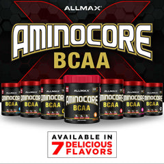 ALLMAX AMINOCORE Watermelon label highlights gluten-free formula and BCAA benefits.