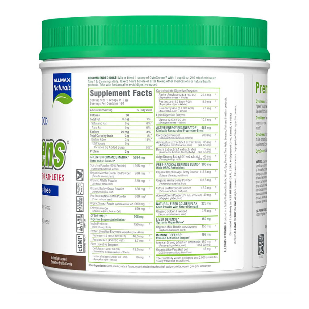 AllMAX CytoGreens Chocolate ingredients with Spirulina, Spinach and greens