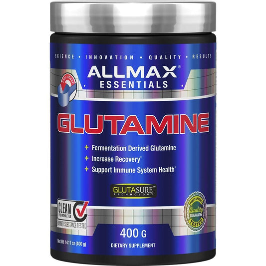 Front view of ALLMAX Essentials Glutamine 400 g tub