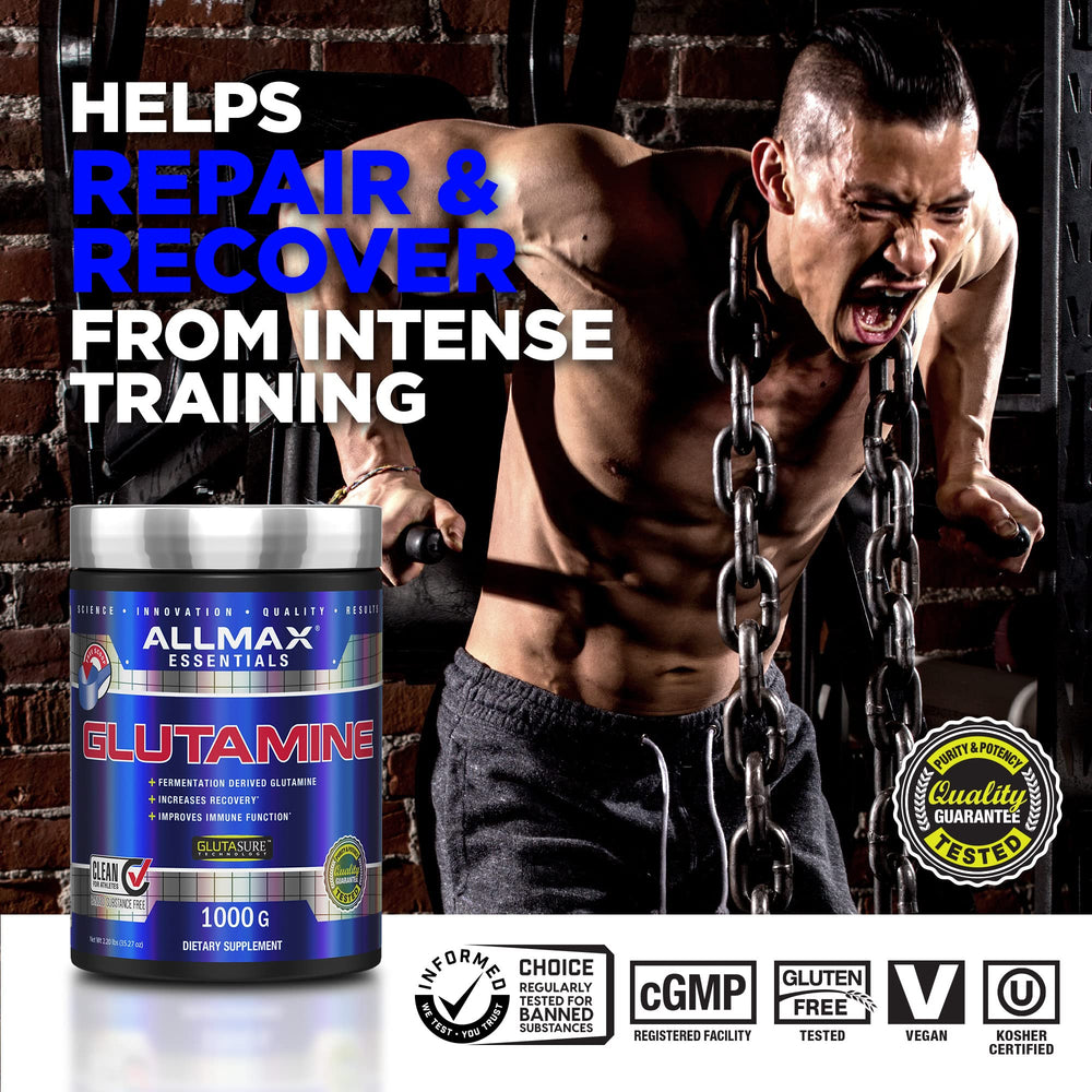 Close-up of product label for ALLMAX Glutamine