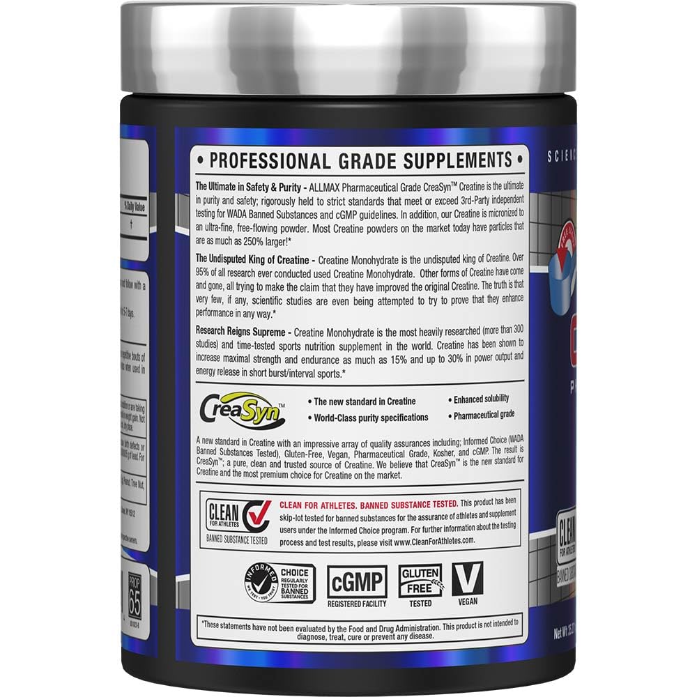 Close-up of ALLMAX Creatine Monohydrate 1000g packaging label
