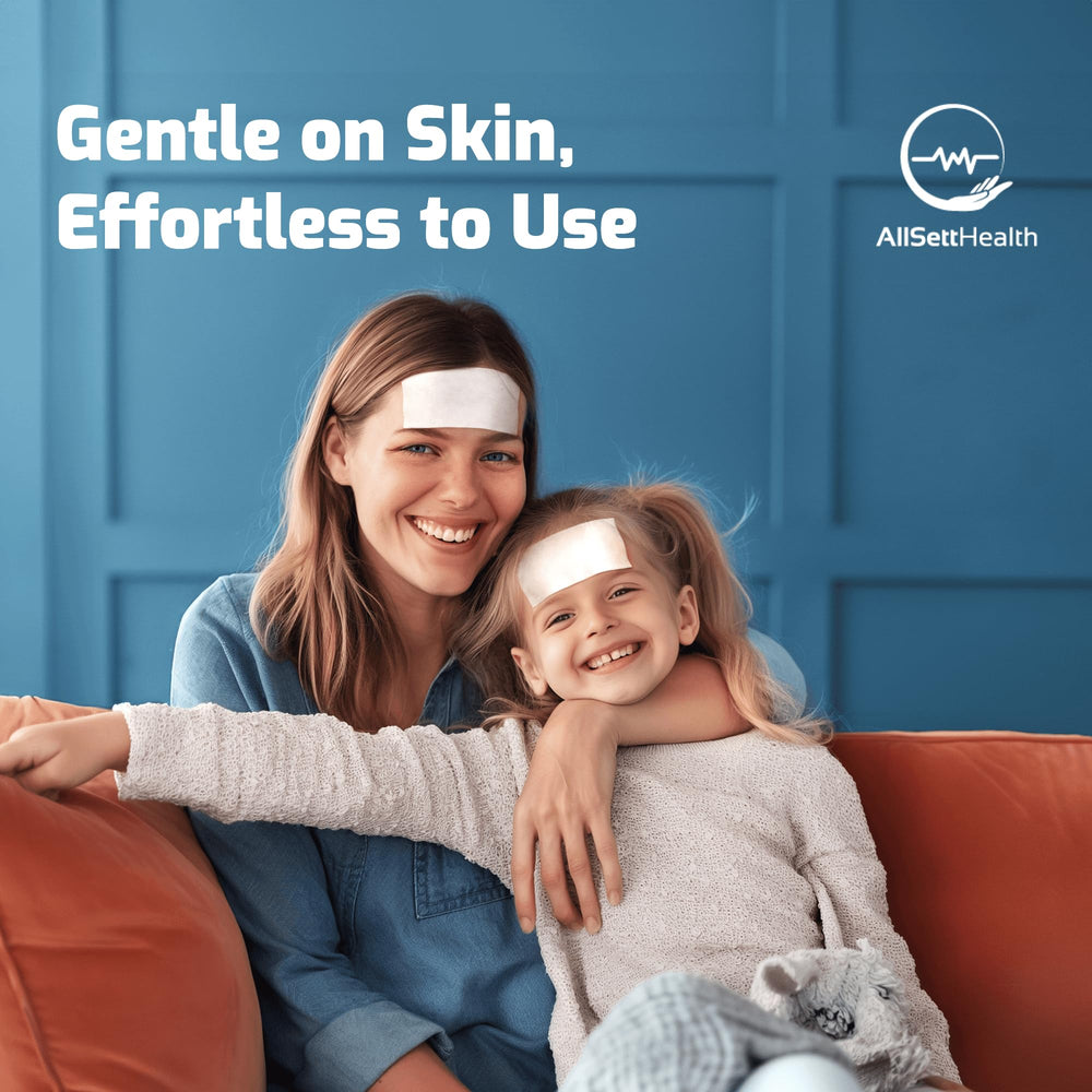 Patch on a child's forehead demonstrates targeted cooling for fever discomfort.