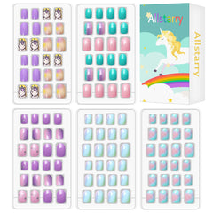 Allstarry kids press-on nails with unicorn glitter for quick, kid-friendly nail art.