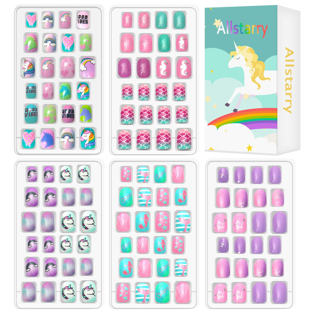 Allstarry kids press-on nails with glitter gradient mermaid design for easy, mess-free nail fun.