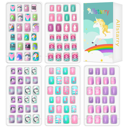 Allstarry kids press-on nails with glitter gradient mermaid design for easy, mess-free nail fun.