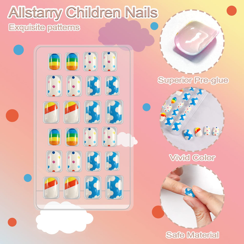 Allstarry pre-glue design nails shown for easy application by parents and children.