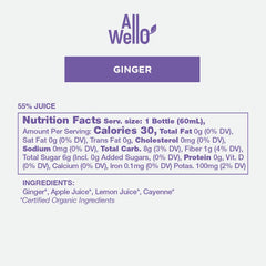 AllWellO Ginger Shot label with 60 mL and Organic text
