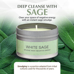 Close-up of Sage + Rose candle label with 8% essential oils