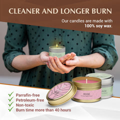 Sage + Rose candle with lid on a sleek metal jar
