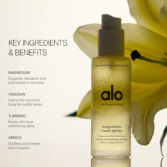 Product shot of Alo Magnesium Reset Body Spray being misted on arm