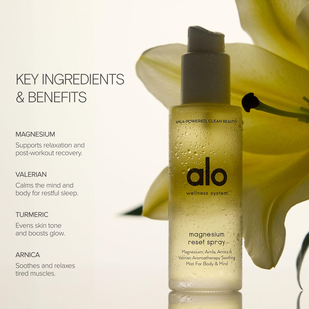 Closeup of Alo Magnesium Reset bottle showing soothing aroma for winding down