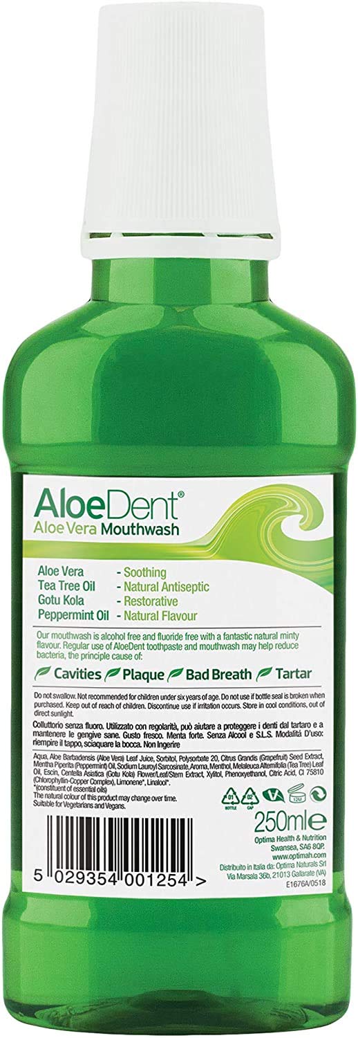 Close-up of Aloe Dent mouthwash label and ingredients