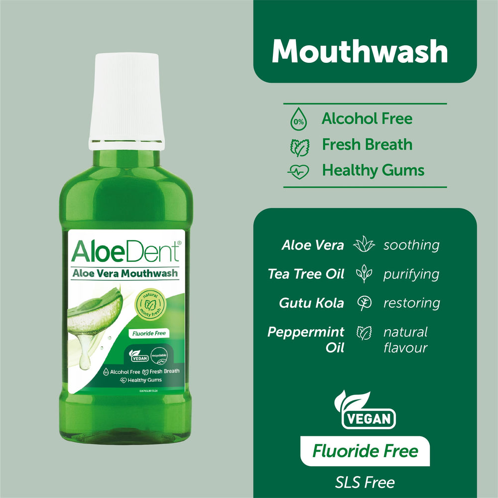 Close-up of Aloe Dent Mouthwash bottle