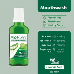 Close-up of Aloe Dent Mouthwash bottle
