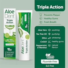 Back view showing ingredients list on AloeDent toothpaste tube
