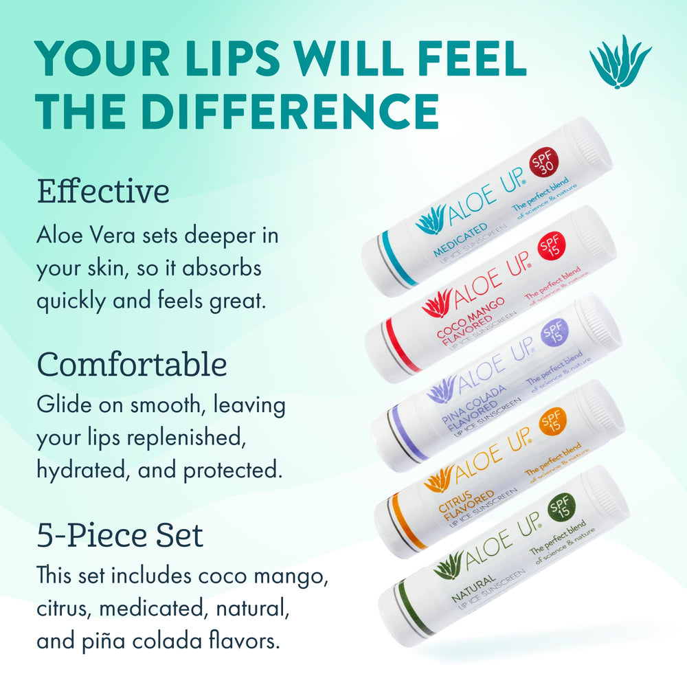 Aloe Up Lip Ice SPF 15 tube on display highlighting hydration with natural oils