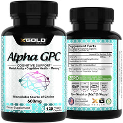 Vegan, gluten-free and GMO-free Alpha GPC Choline 600mg packaging