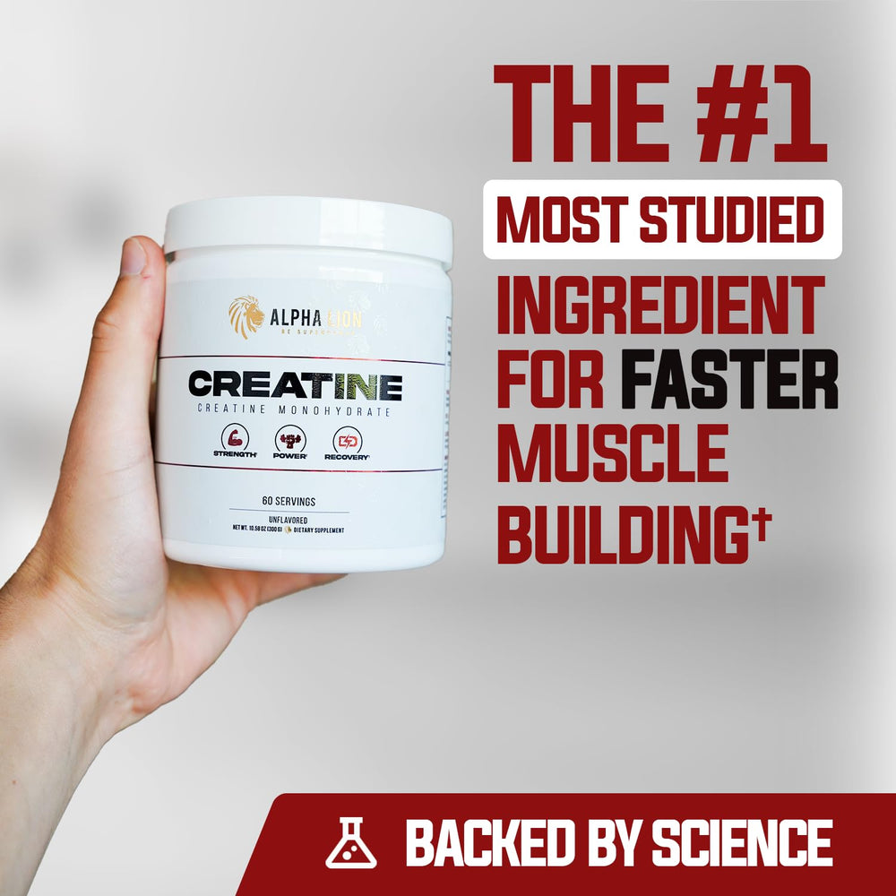 Close-up of ALPHA LION Creatine Monohydrate label showing 5000 mg per serving