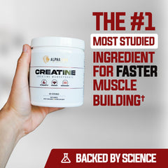 Close-up of ALPHA LION Creatine Monohydrate label showing 5000 mg per serving