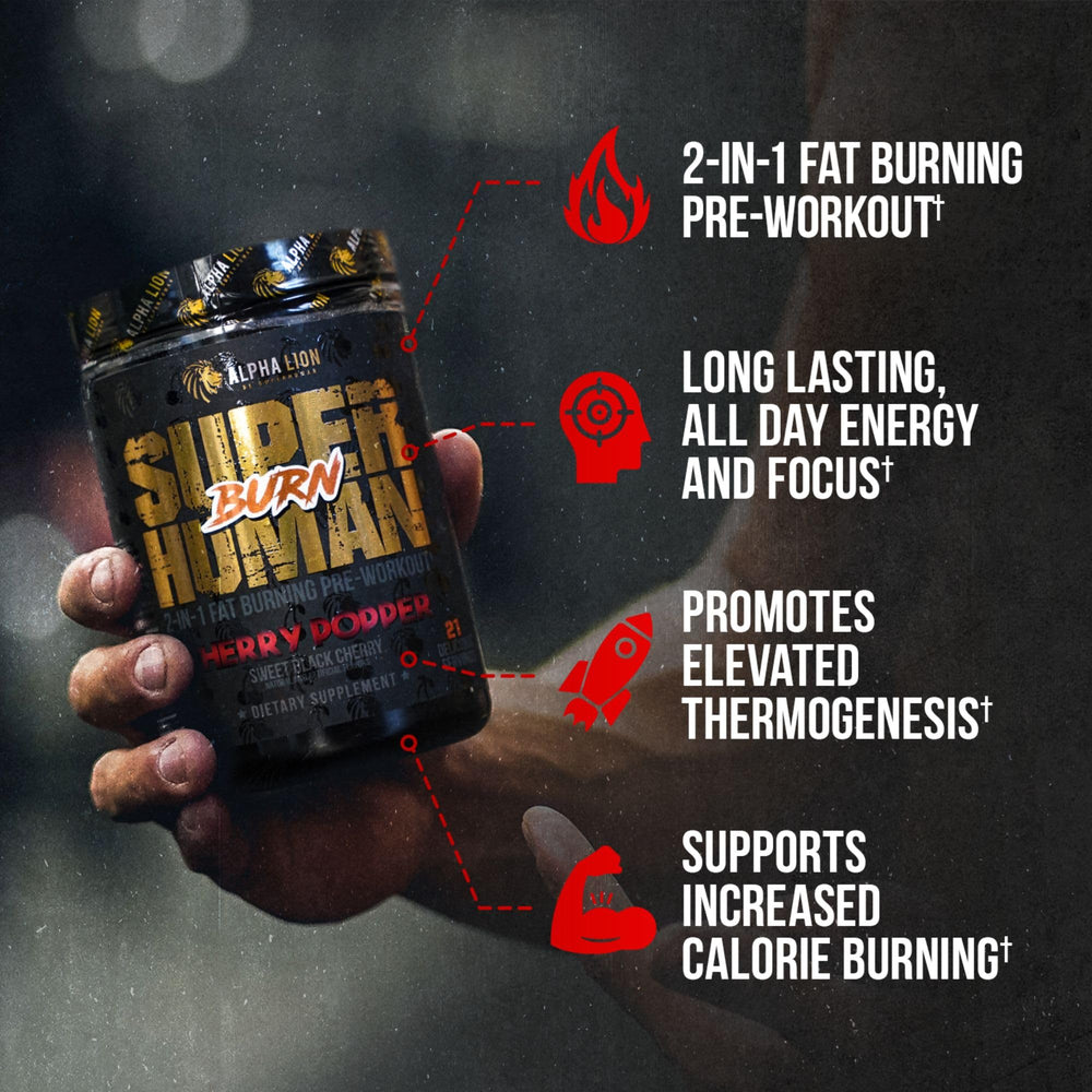 ALPHA LION Superhuman Burn tub front highlighting 2-in-1 formula for workouts