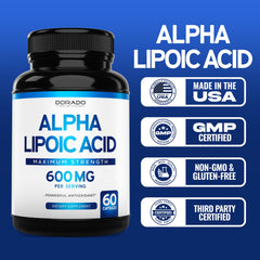 Gluten-free, non-GMO, vegan packaging of Alpha Lipoic Acid 600mg