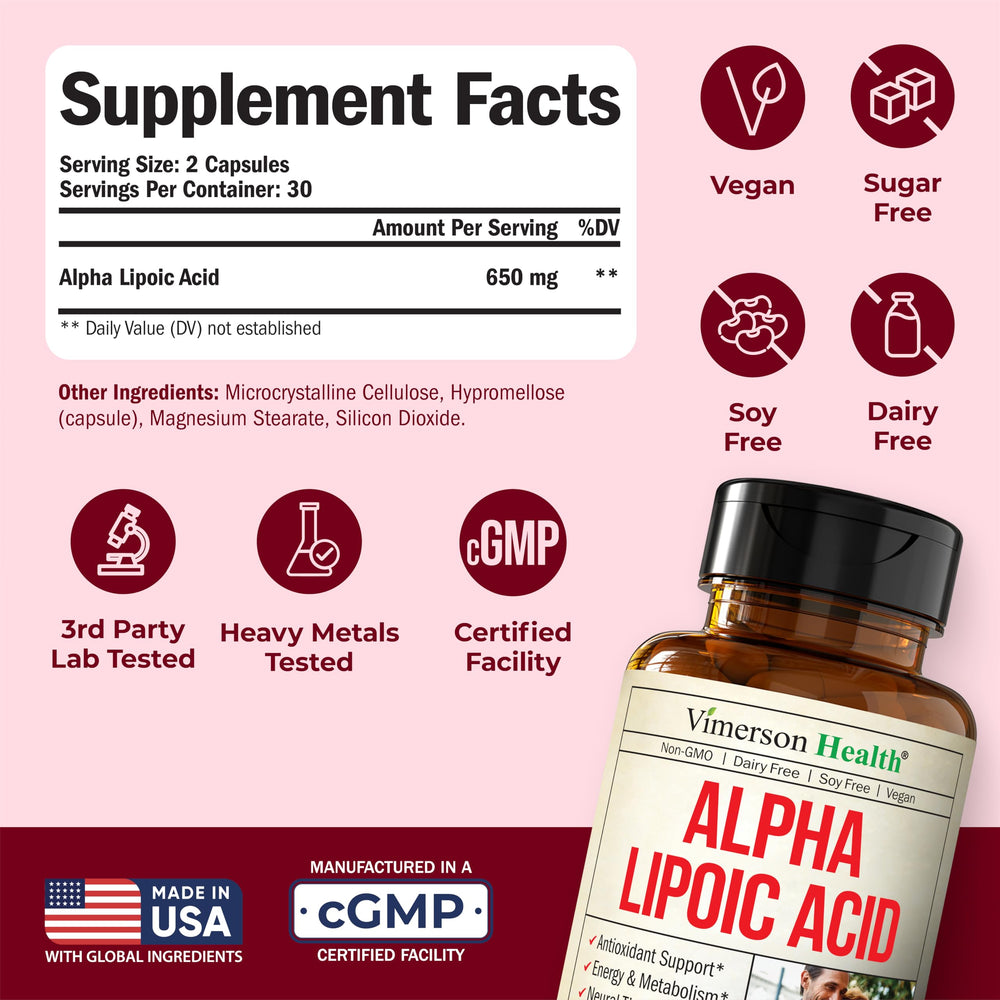 Close up of Alpha Lipoic Acid 650mg capsules