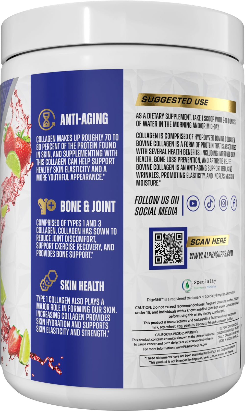 Alpha Supps collagen powder bottle with serving scoop