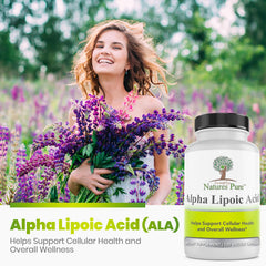 Front view of alpha lipoic acid bottle.