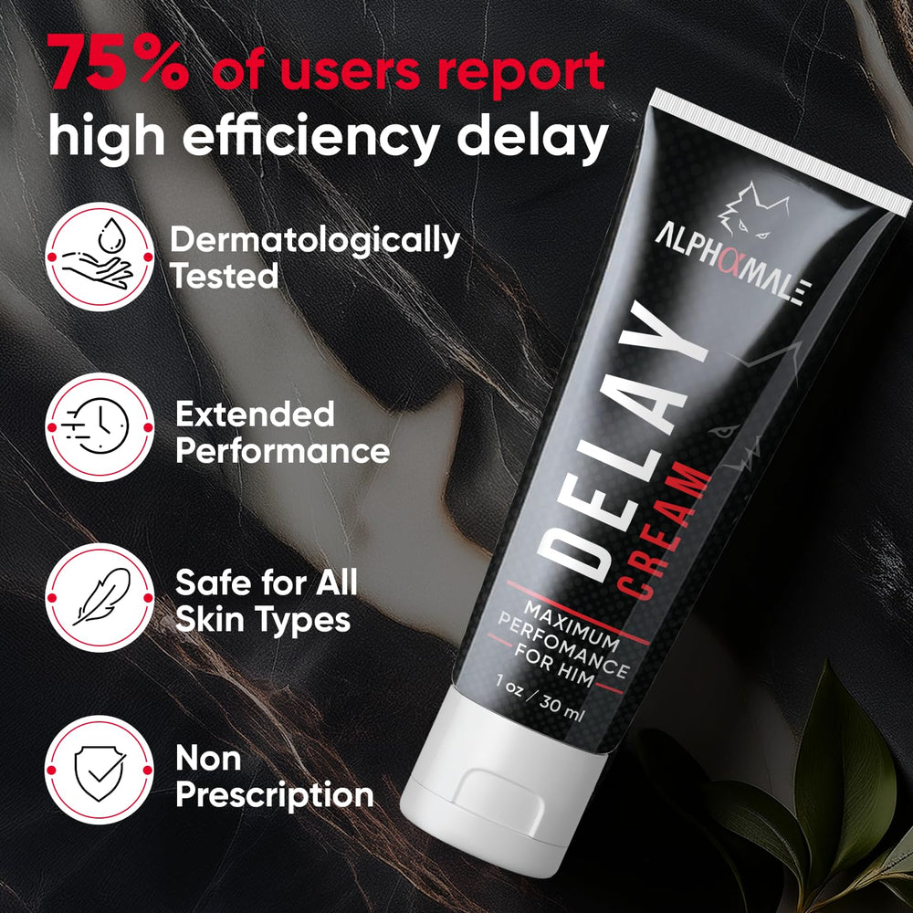 AlphaMale Delay Cream skin swab suggests skin-safe, comfortable topical use.