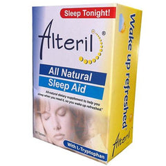 Alteril Sleep Aid bottle closeup showing natural ingredients for gentle, restful sleep.